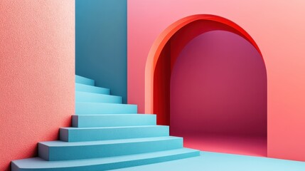 Blue Stairs Against a Pink Wall with an Archway