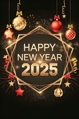 Happy New Year 2025 made of sparkles firework at night background