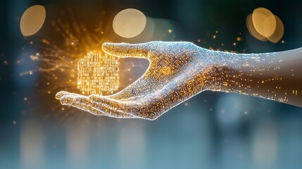 A dynamic and futuristic holographic image depicting a hand holding a logo made up of binary code, symbolizing the integration of AI and machine learning technologies in a visually captivating way.