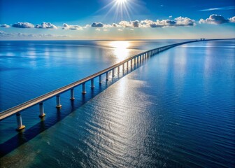 Aerial View of a Long Bridge Stretching Over Serene Sea Waters, Bathed in Warm Sunlight, Showcasing the Beauty of Engineering and Nature Combined in a Stunning Landscape
