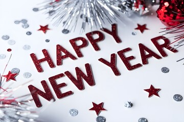 Happy New Year 2025 made of sparkles firework at night background