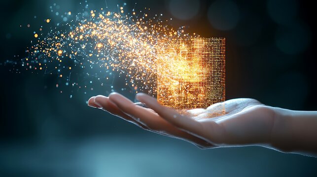 A dynamic and futuristic holographic image depicting a hand holding a logo made up of binary code, symbolizing the integration of AI and machine learning technologies in a visually captivating way.