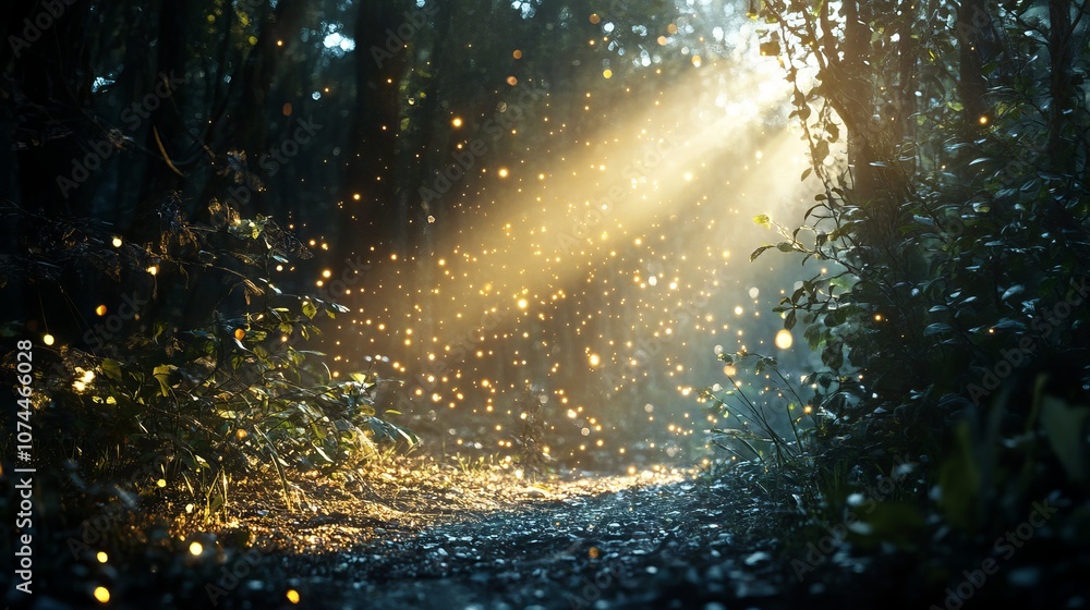 Poster sunlight streaming through dense forest trees, creating a magical light beam effect in a misty woodl