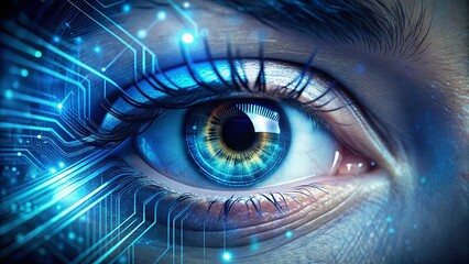 Obraz premium Close-Up of a Blue Eye with Digital Data Flowing Through It, Representing the Intersection of Technology and Human Perception in Modern Fashion Photography