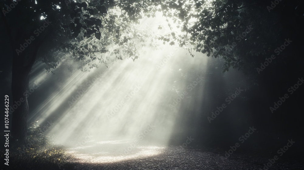 Poster sunlight streaming through dense forest trees, creating a magical light beam effect in a misty woodl