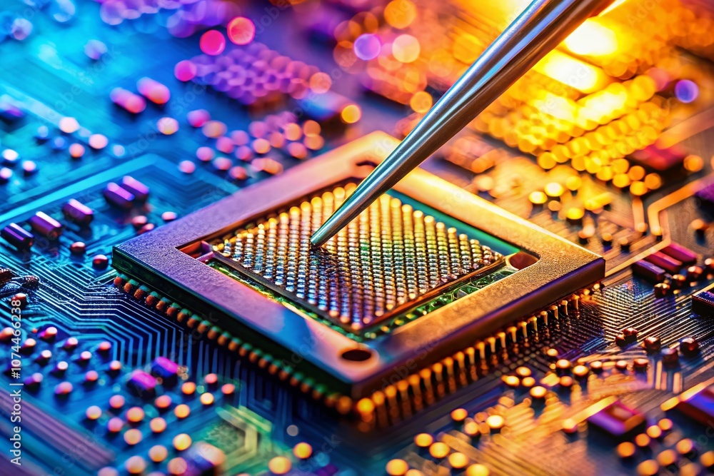 Poster close-up of a computer chip being handled with tweezers, symbolizing precision in electronics and te