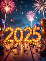 Happy New Year 2025 made of sparkles firework at night background