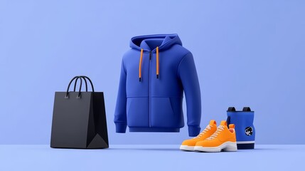 Naklejka premium Online Shopping Blue Hoodie Orange Sneakers Black Shopping Bag
