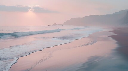 Naklejka premium A serene beach at sunrise with soft colors. 