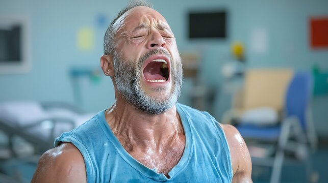 The man was consumed by overwhelming emotions, his heart pounding in his chest as he let out a guttural scream that echoed through the empty room, his desperation palpable and raw.