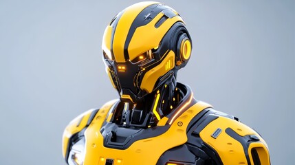 Obraz premium Futuristic Robot Yellow Armor AI Cyborg Technology Close up