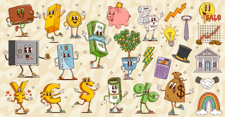 Retro cartoon groovy finance characters of cute money, golden coins, wallet and credit card. Vector psychedelic dollar, euro and yen currency symbols, vintage money bag, safe and hippy smile personage