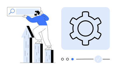Man climbing bar graph holding search bar next to large gear icon representing optimization. Ideal for business growth, SEO, analytics, progress tracking, data management, digital strategy, technical