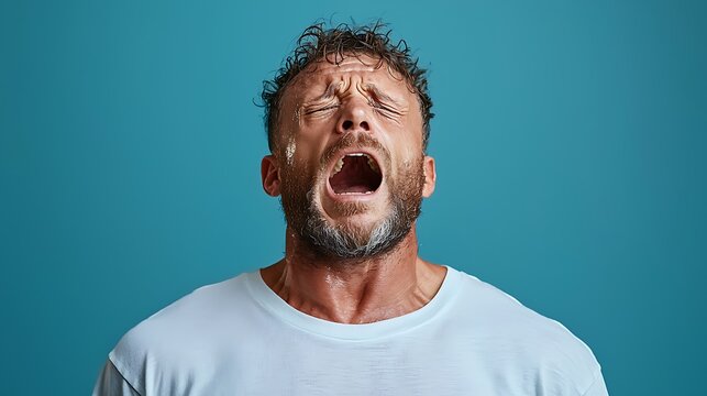 The man was consumed by overwhelming emotions, his heart pounding in his chest as he let out a guttural scream that echoed through the empty room, his desperation palpable and raw.