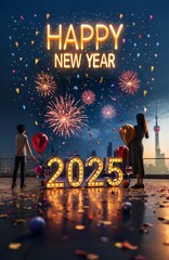 Happy New Year 2025 made of sparkles firework at night background