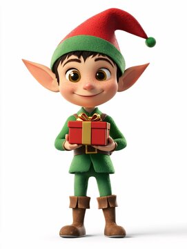 A whimsical cartoon elf with pointed ears in a green outfit and red hat joyfully holds a sparkling gift against a white background.