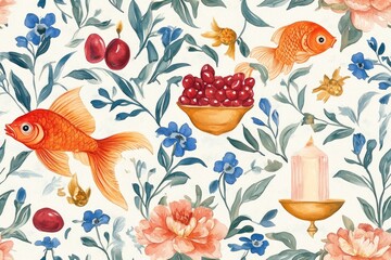 Watercolor illustration of a floral pattern with goldfish, candles, and fruits on a white background.