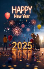 Happy New Year 2025 made of sparkles firework at night background