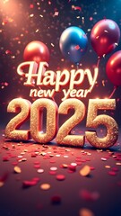 Happy New Year 2025 made of sparkles firework at night background