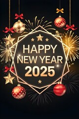 Happy New Year 2025 made of sparkles firework at night background