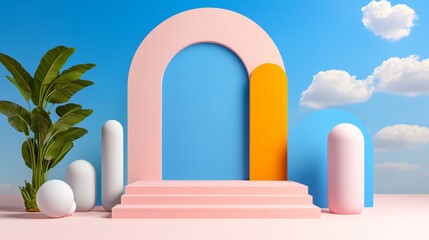 Pastel Pink Blue Yellow Archway Summer Background Product Display