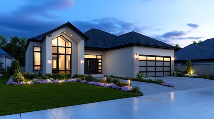Modern Luxury Home Exterior at Dusk Architectural Design Landscaping