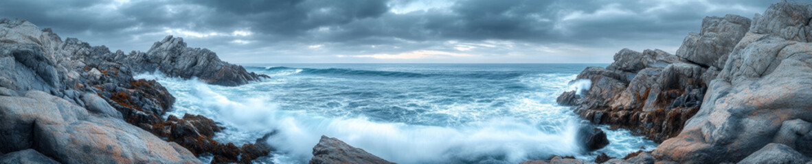 Fototapeta premium Dramatic coastal landscape with crashing waves, rocky shoreline, and moody sky. scene captures beauty and power of nature in hyperrealistic panorama