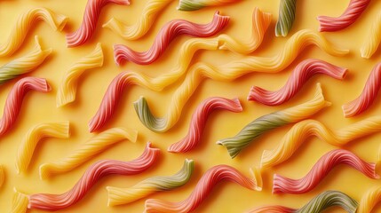Obraz premium A playful composition of multicolored corkscrew pasta arranged into flowing, wave-like shapes, creating an abstract food design with a cheerful, dynamic energy.