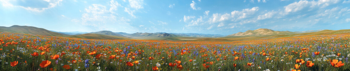 Obraz premium vibrant panoramic view of rolling hills adorned with colorful wildflowers, showcasing stunning landscape under bright blue sky. scene evokes sense of tranquility and natural beauty