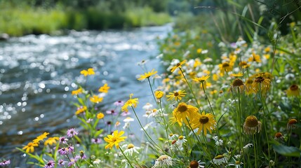 A serene riverbank with wildflowers. 