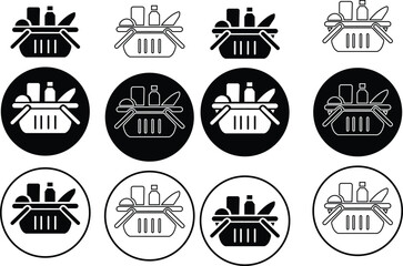 Naklejka premium Groceries icon set. Full basket of food, grocery shopping icons vector graphic design elements, Modern Farm and Agriculture grocery bin, isolated on transparent background, for Grocery Themes, ui.