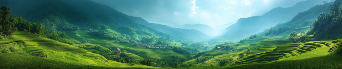 Fototapeta premium panoramic view of lush green rice terraces in Asia, showcasing vibrant landscapes and serene mountains under bright sky. beauty of nature is truly captivating