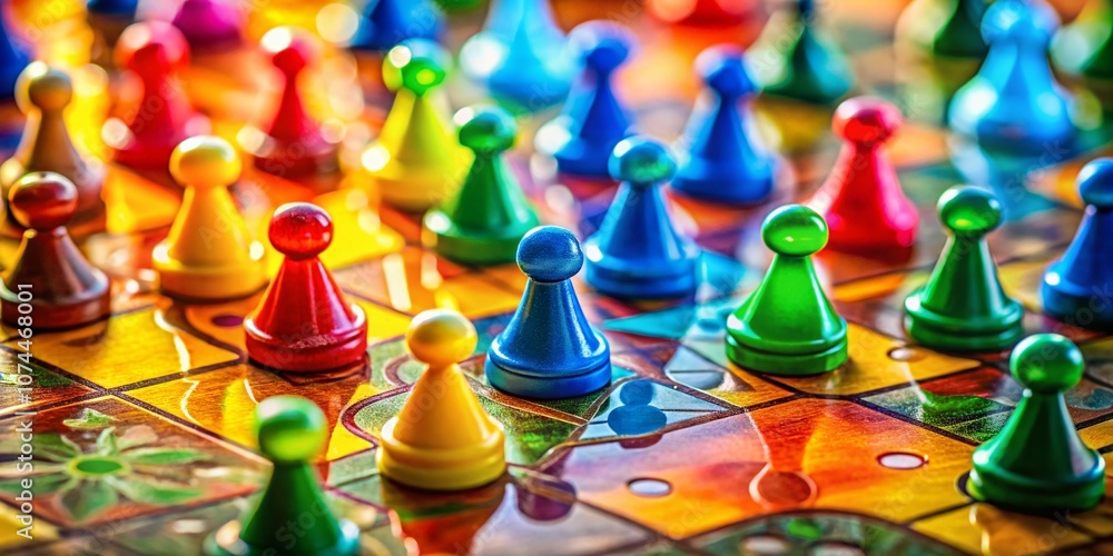 Poster close-up of colorful game pieces on board showcasing strategy and competition in a dynamic gaming en