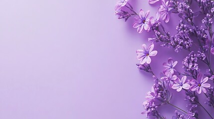 Delicate purple flowers on monochromatic purple background with space for text – ideal for wedding invitations, international women’s day, or mother’s day themes
