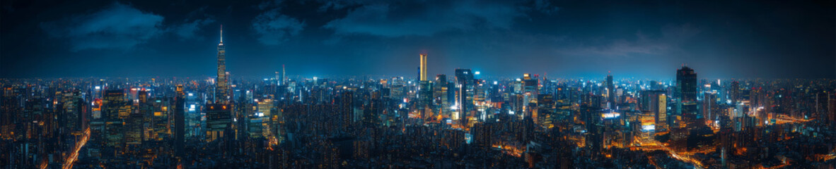 Fototapeta premium stunning panoramic view of bustling city skyline at night, showcasing illuminated skyscrapers and vibrant lights against dramatic sky. scene captures energy and vibrancy of urban life