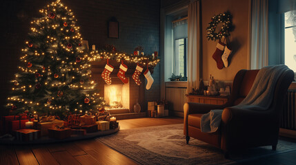 Traditional Christmas Living Room with Fireplace and Decorated Tree - Cozy Festive Vibes