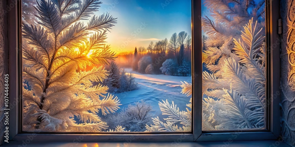 Aufkleber close-up of frosty window with intricate ice patterns and morning light illuminating a snowy landsca