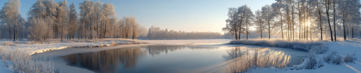 serene winter landscape featuring frozen lake surrounded by frosted trees, reflecting soft morning light. tranquil scene evokes sense of peace and beauty