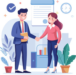 Obraz premium People shaking hands at work - Two businesspeople, man and woman doing handshake in office at work while smiling over business agreement and deal. Flat design stock illustration on white background