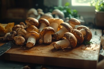 Freshly picked mushrooms on a wooden cutting board. Perfect for cooking and adding flavor to dishes. A warm and inviting kitchen scene. Generative AI
