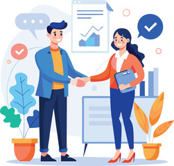People shaking hands at work - Two businesspeople, man and woman doing handshake in office at work while smiling over business agreement and deal. Flat design stock illustration on white background