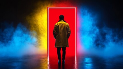 Mysterious Man Silhouette Neon Red Doorway Blue Yellow Smoke