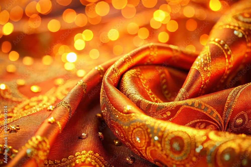 Poster close-up of vibrant orange fabric with bokeh effect, capturing the textures and details in high reso