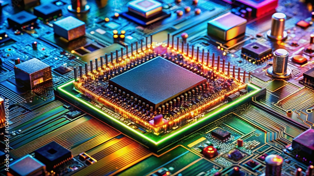 Poster closeup panoramic view of a computer chip on a circuit board with intricate electronic components an