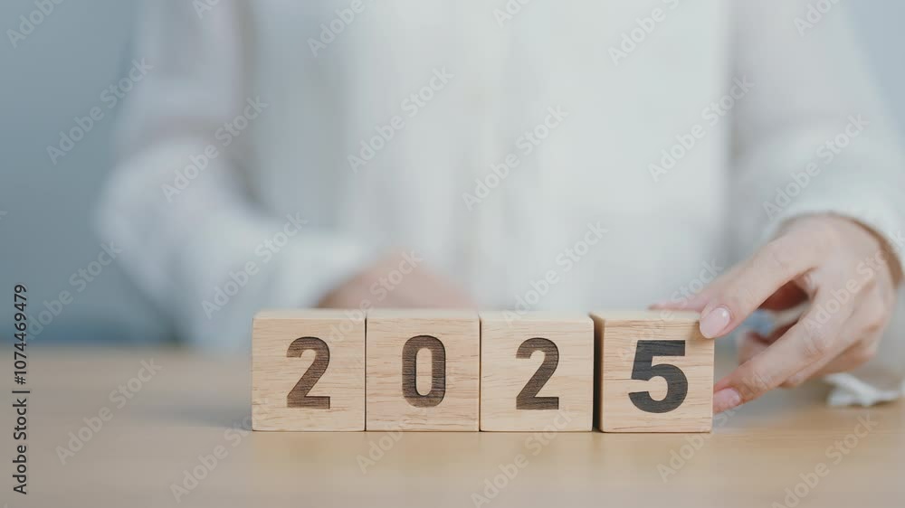 Poster 2024 change to 2025 year block on table. goal, Resolution, strategy, plan, start, budget, mission, action, motivation and New Year concepts