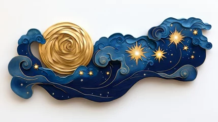 Fototapete Rund Celestial Night Sky Blue Gold Paper Art Moon Stars Waves Craftsmanship © A4719