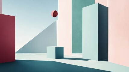 Fototapeta premium Abstract Geometric Shapes in Pastel Colors with a Floating Sphere