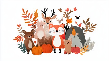 Obraz premium Cute forest animals gather among autumn leaves and pumpkins in a playful display of seasonal charm and warmth
