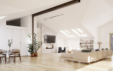 Bright, minimalist loft living room