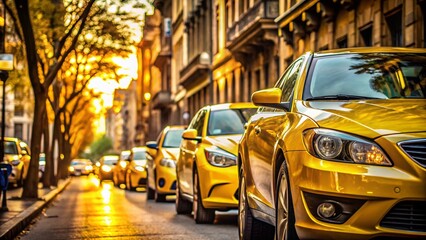 Fototapeta premium Close-Up View of Vibrant Yellow Cars Parked on a City Street with Impressive Depth of Field, Showcasing the Urban Environment and Architectural Features in the Background